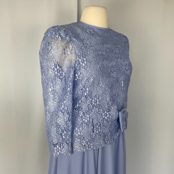 Vintage Cocktail Dress Size 14 Light Blue Lace Bow Puff Sleeve Formal Party Midi - Picture 5 of 16